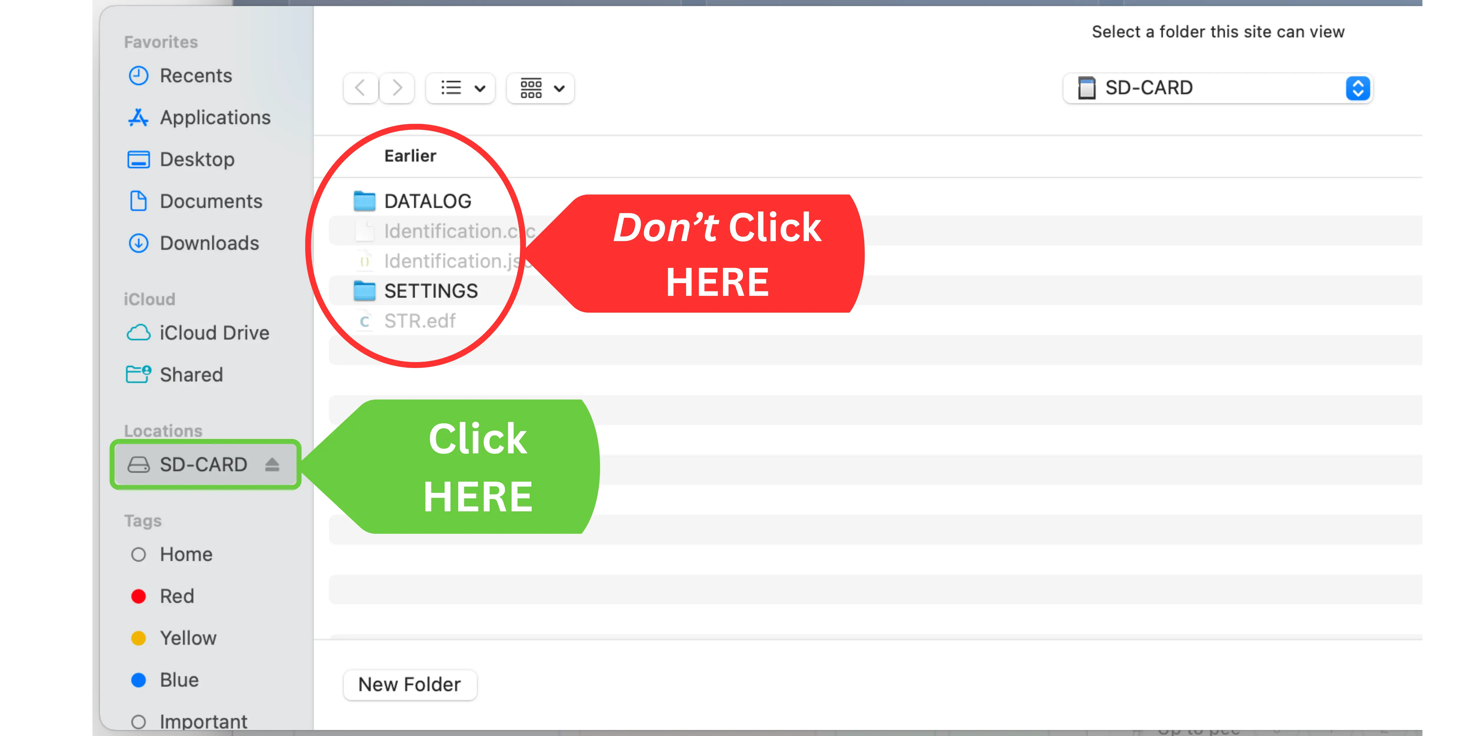 File picker dialog showing how to select the SD card in CPAP Insights