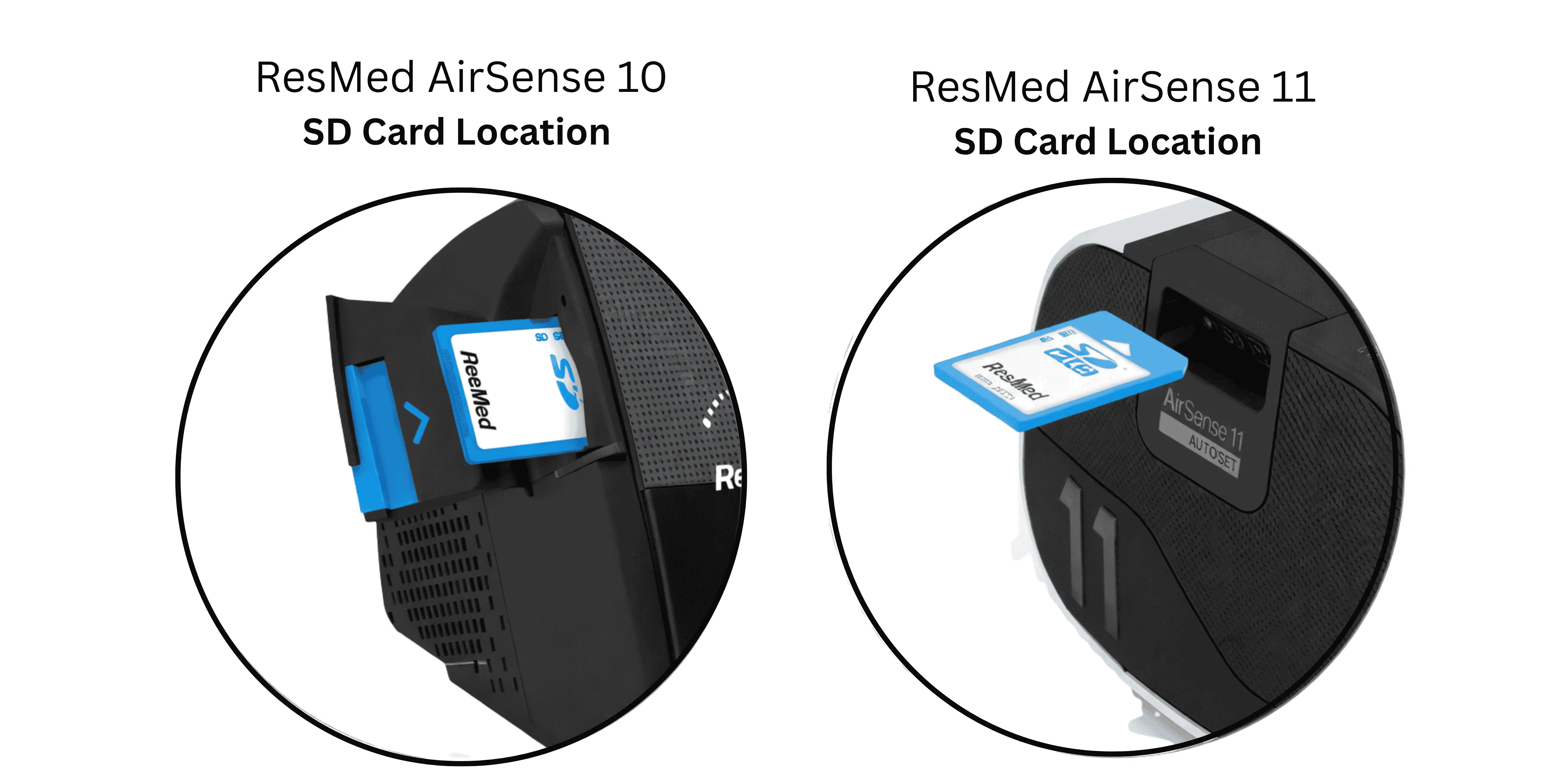 Location of the SD card slot on a ResMed AirSense CPAP device